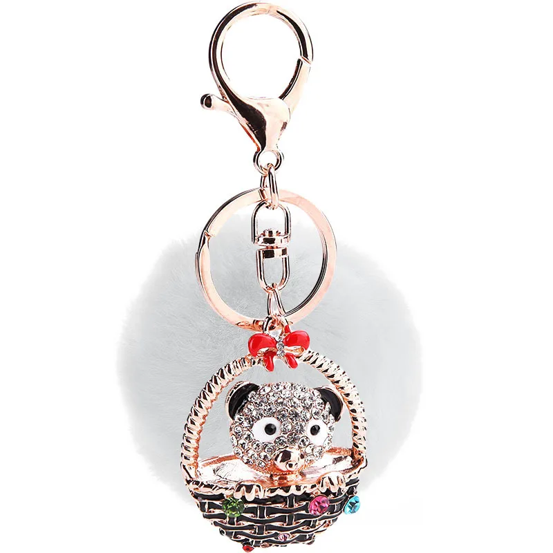 

2017 new trinket fake pompom keychain bunny keychains on bag rabbit fur Keychain fur pom pom charms for bags anime