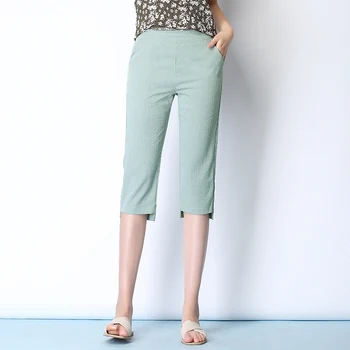 

WKOUD 2019 Summer Capris For Women Cotton Linen Thin Pencil Pants High Waist Split Calf-Length Pants Casual Trousers P8942