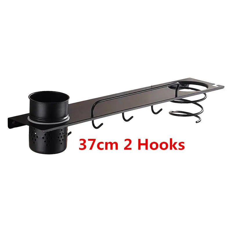 37cm 2 hooks Фен держатель полки в ванной 304 нержавеющая сталь настенный фен стойка с чашкой и крючками Аксессуары для ванной комнаты черный - Цвет: 37cm 2 hooks