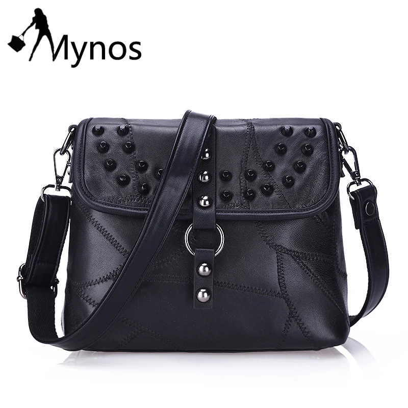 Mynos Genuine Leather Rivet Women Messenger Bag Crossbody Bag Ladies Retro Messenger Bag Shoulder Bag Sac