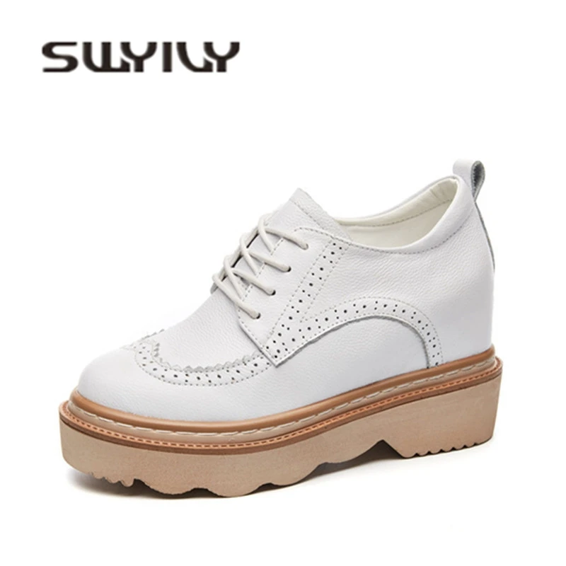 

SWYIVY Women's Genuine Leather Sneakers Thick Heel 2018 Autumn Flower Casual Brogue Shoes Wedge Heel 8cm Comfortable Sneakers