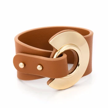 

Big Brown Leather Bracelet Gold Color Metal Simple All-Match Wide Leather Bracelets For Women Wristband Adjustable Size
