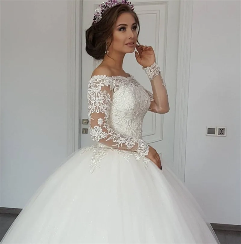 Robe De Mariage с длинным рукавом лёгкие Свадебные платья Тюль сзади пикантные Свадебные платья для невесты Жемчуг принцесса Vestido Noiva