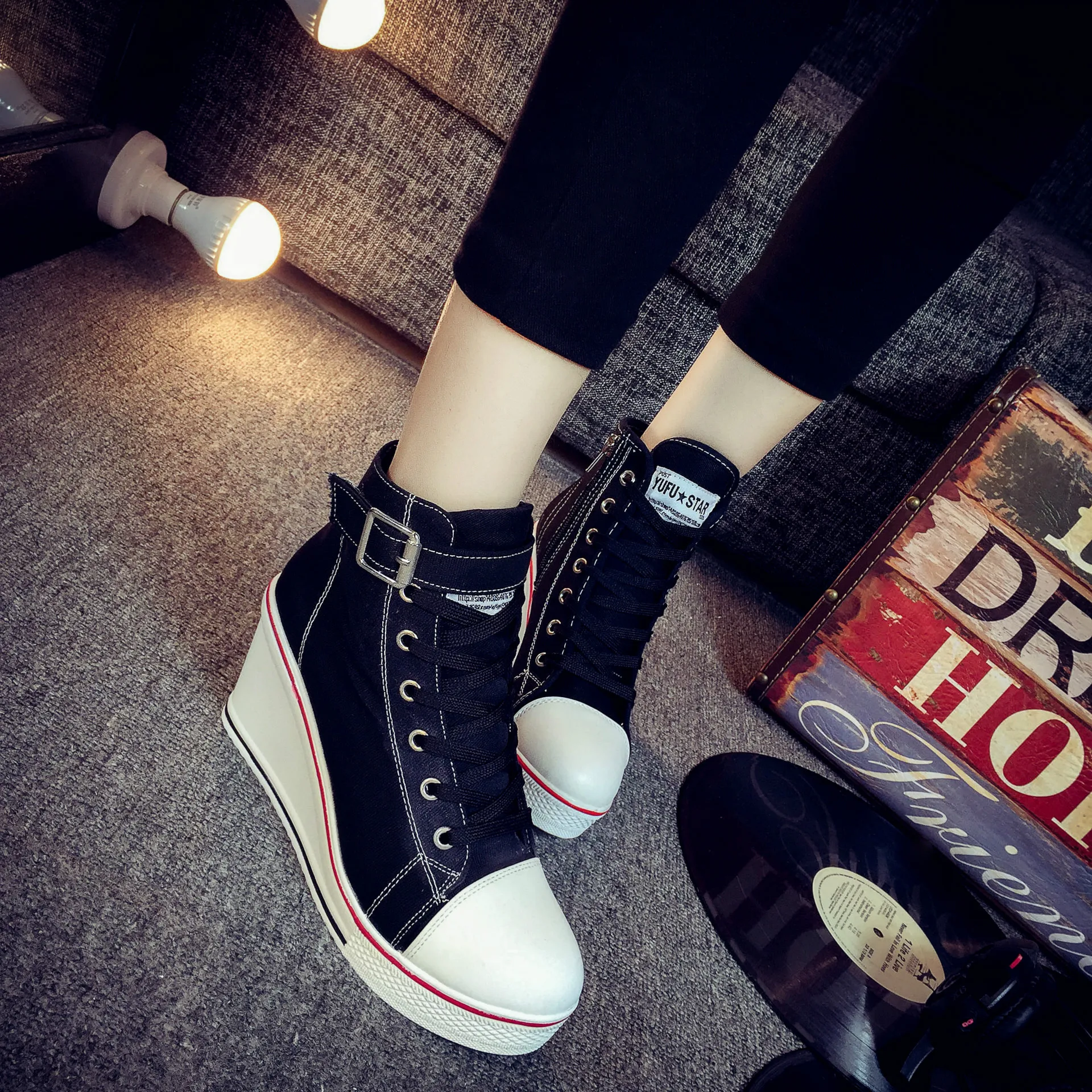 

Fashion women Canvas pumps Mesh Breathable Platform High Increasing Wedge shoes casual Lace-up high heel shoes plus size 789