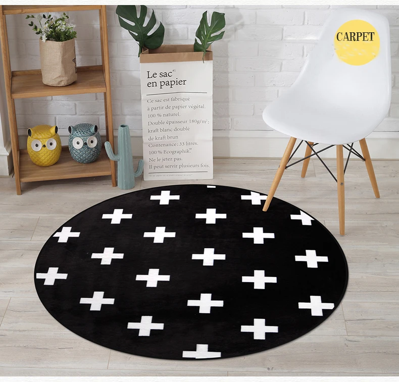 Простой черно-белый крест геометрический полосатый решетчатый круглый коврик супер мягкий плотный нескользящий ковер для детей/гостиной