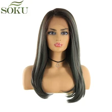 Синтетические парики на шнурках спереди SOKU 24 дюйма темные корни Омбре зеленый цвет прямые бесклеевые термостойкие тканевые крылья для черных женщин