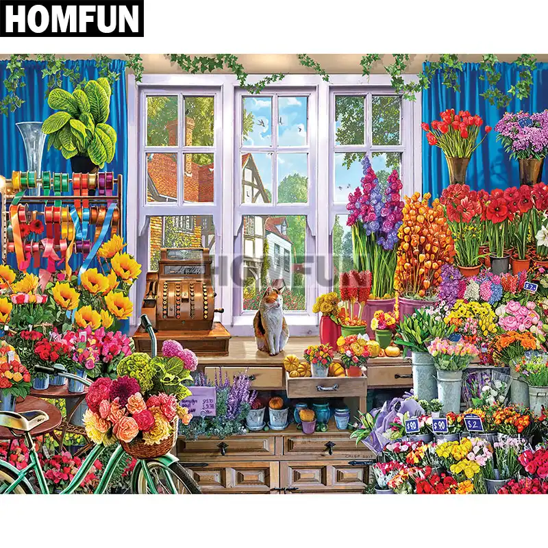 Алмазная 5D картина HOMFUN цветочный магазин вышивка крестиком из