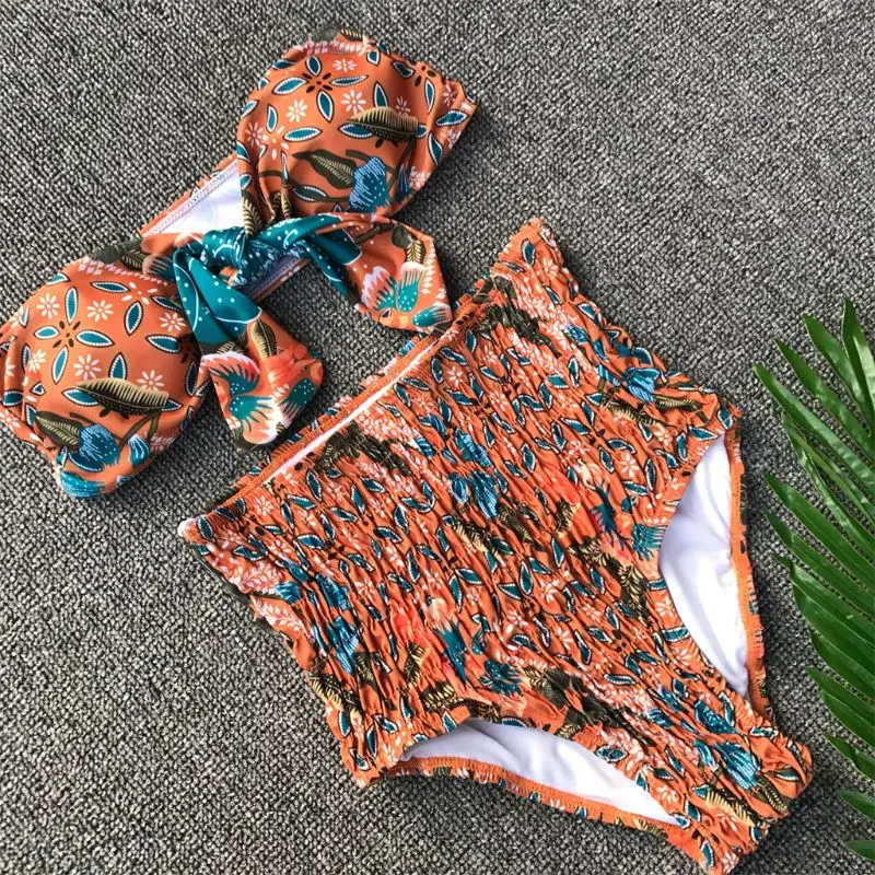 

Two Piece Bikini Set Tie Knot Front Pleated Off Shoulder Strapless Bandeau High Waisted Ruched Thong Bohemian