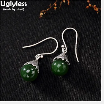

Uglyless Real 925 Sterling Silver Natural Jade Balls Dangle Earrings for Women Retro Handmade Carved Brincos Fine Jasper Jewelry