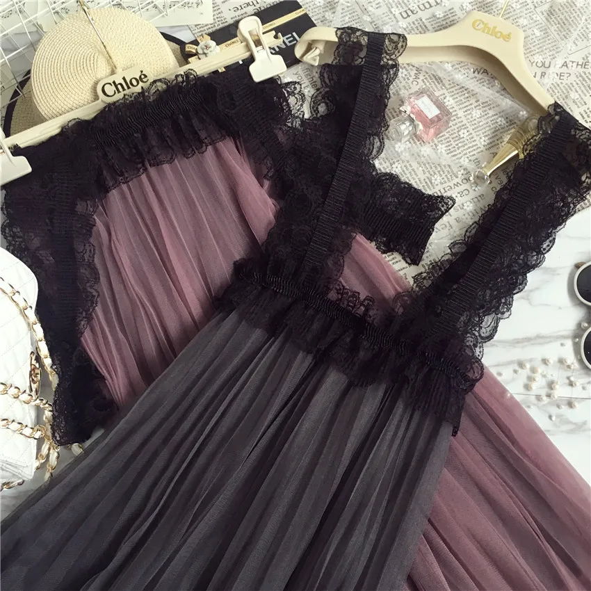 

2018New Spring Women Dress Spaghetti Strap Lace Dresses Summer Sexy Elastic High Waist Mesh Dress Lady Party Dress VestidosWZ261