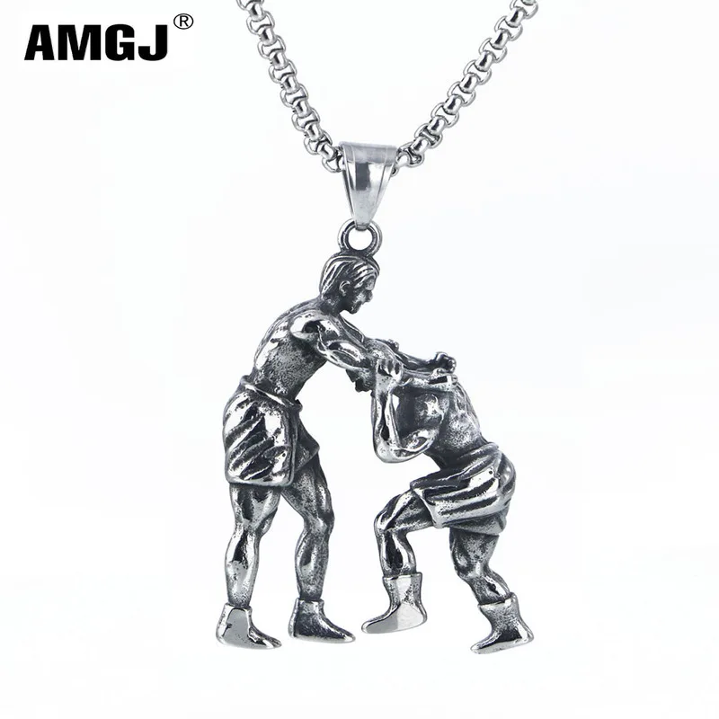 

Amgj Gym Fitness Men Necklaces Vintage Stainless Steel Chain Wrestling Sports Charm Pendant & Necklace for Men Jewelry