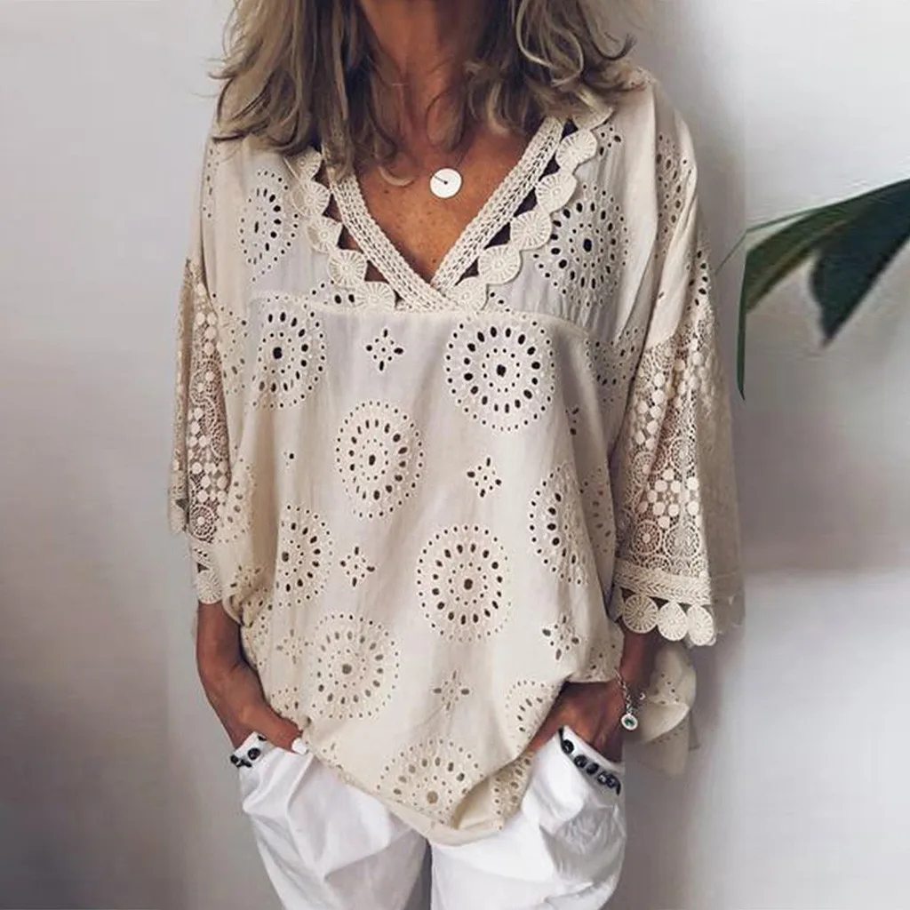 

Shirt 2019Top Women Half Sleeve Cotton Linen Hollow Out Lace Patchwork T-Shirt Tops