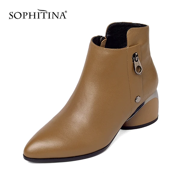 SOPHITINA/пикантные ботинки с острым носком из высококачественной натуральной кожи; модные удобные элегантные женские ботильоны на молнии с круглым носком; PO221 - Цвет: Khaki