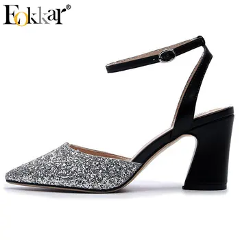 

Eokkar 2019 Bling Women Pumps Buckle Strap Women Wedding Shoes High Square Heels Women Shoes Pointed Toe Ladies Pumps Size 34-39