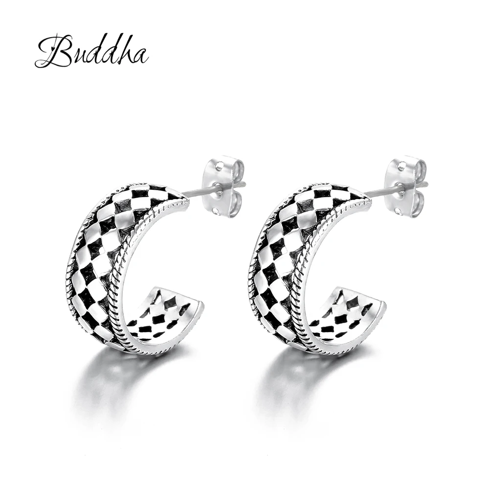 

Checker Shaped Stud Earrings Simplicity Handmade 925 Sterling Silver Buddha Earring for Pendientes Mujer Mujer 2018 NUEVO