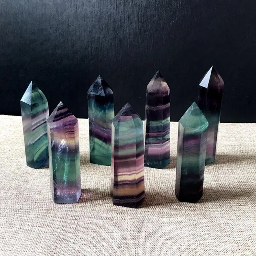 

Natural Fluorite Crystal Colorful Striped Fluorite 4.5-6.5CM Quartz Crystal Stone Point Healing Hexagonal Wand Treatment Stone40