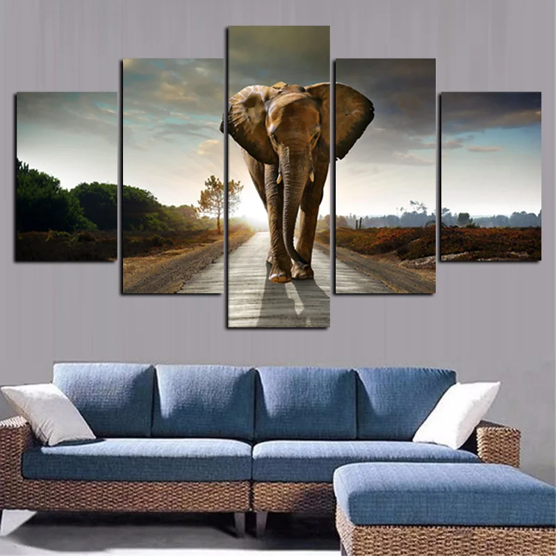 5Panel Print Africa Elephant Abstract Landscape Oil Painting on Canvas Art Animal Poster Modular Wall Picture for Living Room (3)