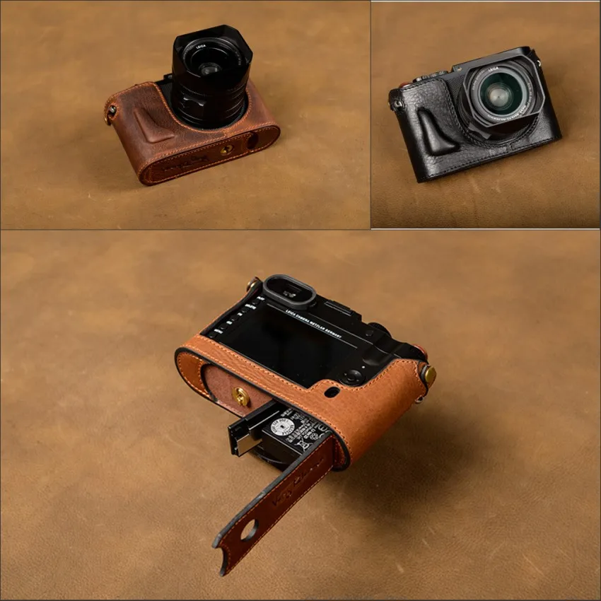 Handmade Genuine Real Leather Half Camera Case Bag Cover for Leica cm Dark Brown