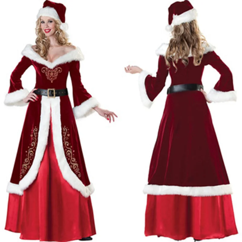 

Wine Red Luxurious Christmas Queen Dress Sexy Warm Long Sleeve Robe Miss Santa Costume Halloween Santa Queen Cosplay Costume