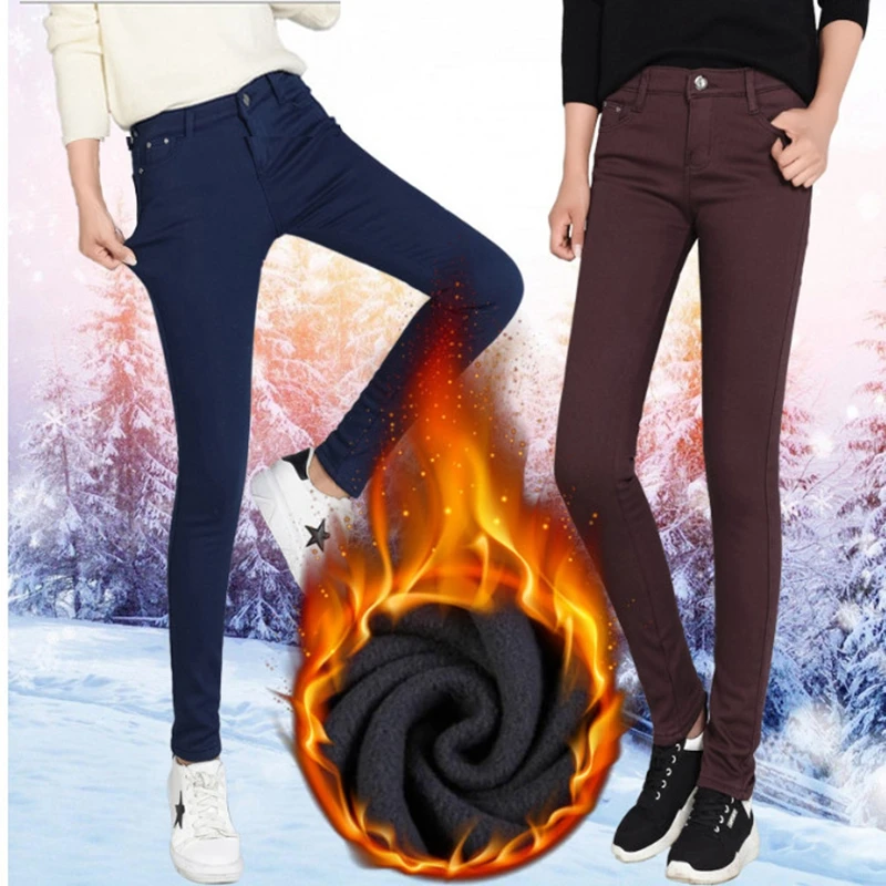 Женские теплые обтягивающие джинсы для женщин, большие размеры, яркие цвета, плотные бархатные зимние джинсы, теплые женские Стрейчевые