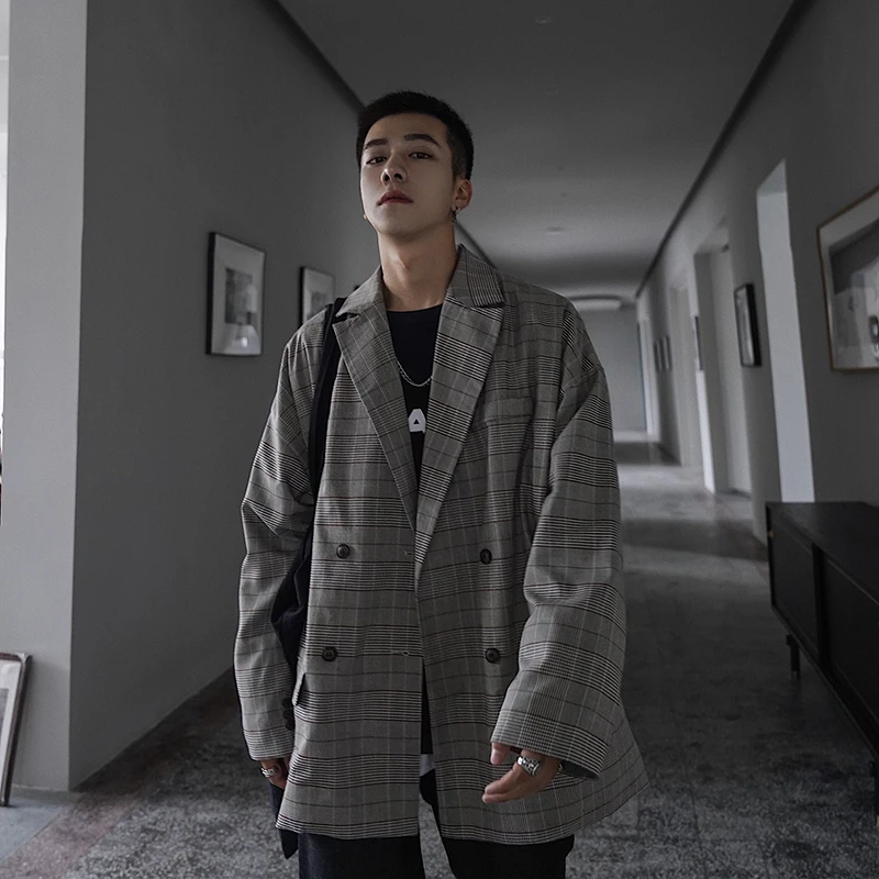

2019 Autumn New Trend Japanese Youth Street Harajuku Handsome Fashion Plaid Big Pocket Loose Business Wild Casual Suit Jacket