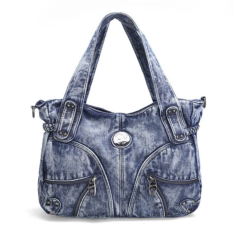

Ladies handbag denim tote bag female messenger bag women's big shoulder bag hobo with zipper Black/Blue