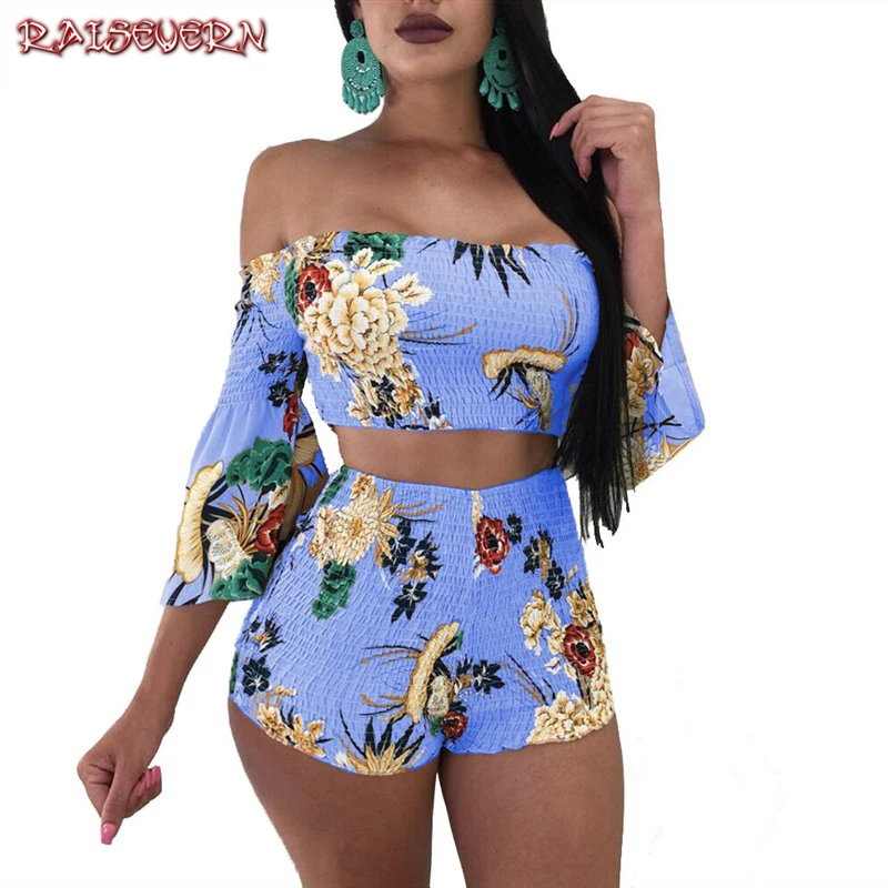 

RAISEVERN Floral Print Two Pieces Shorts Set Women Off The Shoulder Half Flare Sleeve Tops And Shorts Suits Bodycon 2 Piece Set