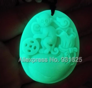 

Natural Fluorite Luminous Stone Carved Monkey Bags Lucky Amulet Pendant + Rope Necklace Glow in Dark luminous stones Jewelry