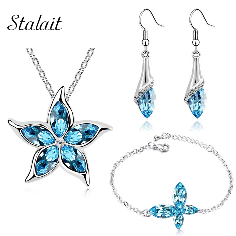Nuevo plateado, cristal austriaco, estrella de mar, collar, pendientes, pulsera de mariposa, conjuntos de joyas para el Día de San Valentín|jewelry earring bracelet setbutterfly jewelry set - AliExpress
