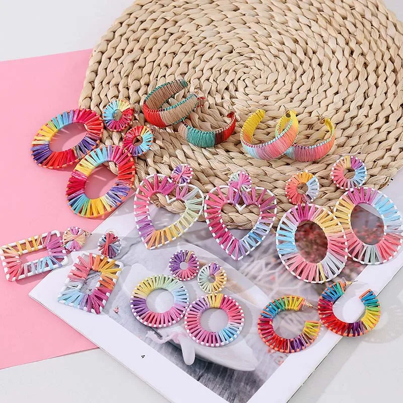 

Fancy Color Fashion Jewelry Bijoux Rainbow Colorful Raffia Drop Earring Big Oval Straw Statement Earrings For Summer Jewelry
