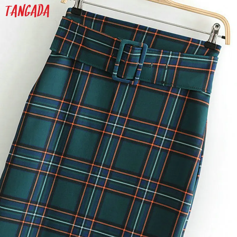 Tangada юбка-карандаш зеленая юбка юбка в клетку клетчатый принт юбка с завышенной талией юбка с высокой талией юбка с поясом юбка с ремнем офисная юбка геометрический принт 6A77