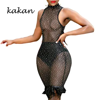 

Kakan new women's hot stamping dress sexy mesh perspective black dress female