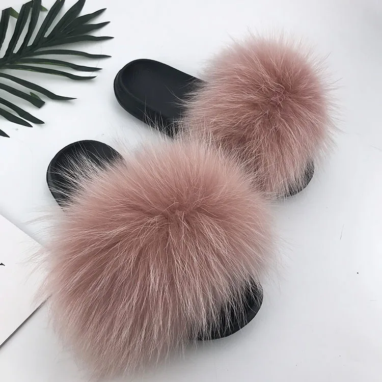 Real Raccoon Fur Slippers Women Sliders Casual Fox Hair Flat Fluffy Fashion Home Summer Big Size 45 Furry Flip Flops Shoes - Цвет: Doupink