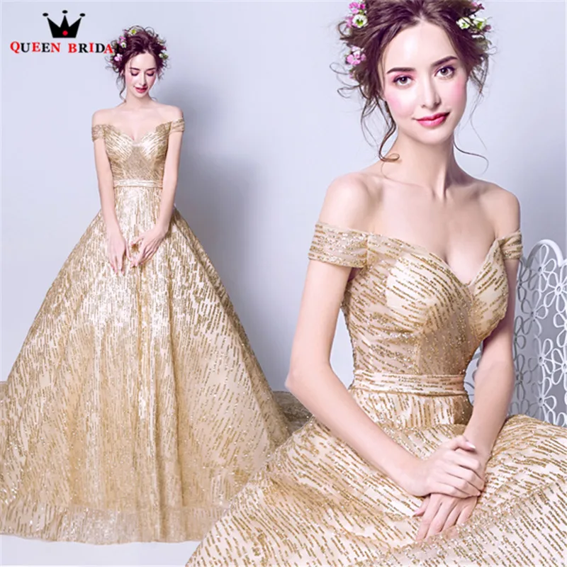

QUEEN BRIDAL Evening Dresses Ball Gown Golded Sequin Formal Prom Party Dress Evening Gowns 2018 New Design Vestido De Festa JW06