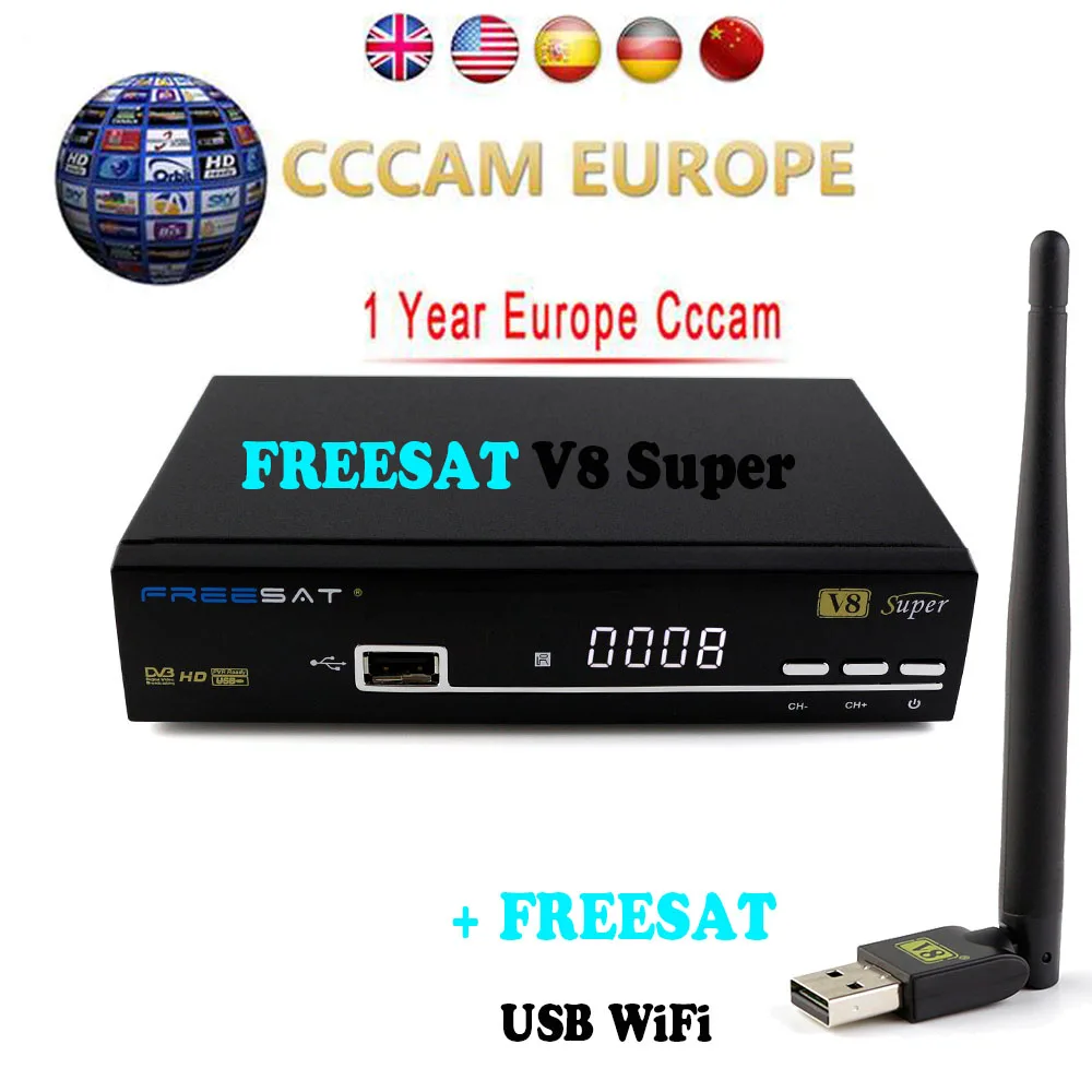

1 Year Europe Cccam Server Freesat V8 super receptor satellite FTA DVB-S2 1080p Full HD 3G IPTV Satellite Receiver +1PC USB WIFI