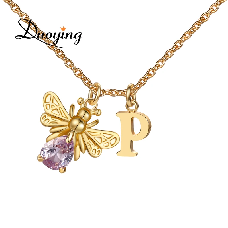 

DUOYING Personalized Initial Letters Tiny Honeybee Necklace Pave Bee Necklace Charm Pendant Birthday Bee Jewelry My Honey Gift