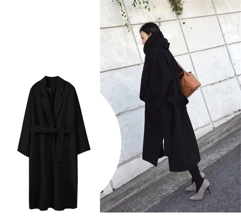 Autumn winter woolen coat women Loose Large size wool coats female Belt slim long Basic coats Both sides of the slit jacket N332