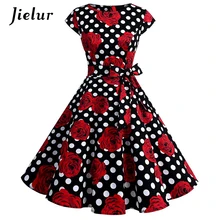 

Jielur Dots Red Flowers Print Bow Sashes Women Dress O-neck Short Sleeve Dresses Female Summer Black White Cotton Vestidos S-XXL