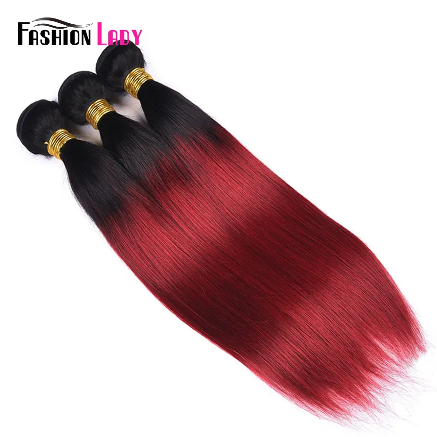 FASHION LADY Pre-Colored Human Hair Weave Ombre Color T1B/Burgundy 3 Piece Brazilian Straight Hair Human Hair Weft Non-Remy