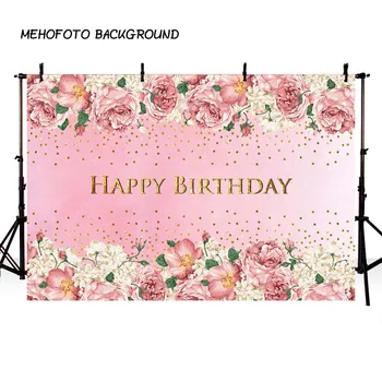 

MEHOFOTO Birthday Party Photography Backdrop Gold Paillette Pink Floral Backdrop for Photo Booth Background Custom