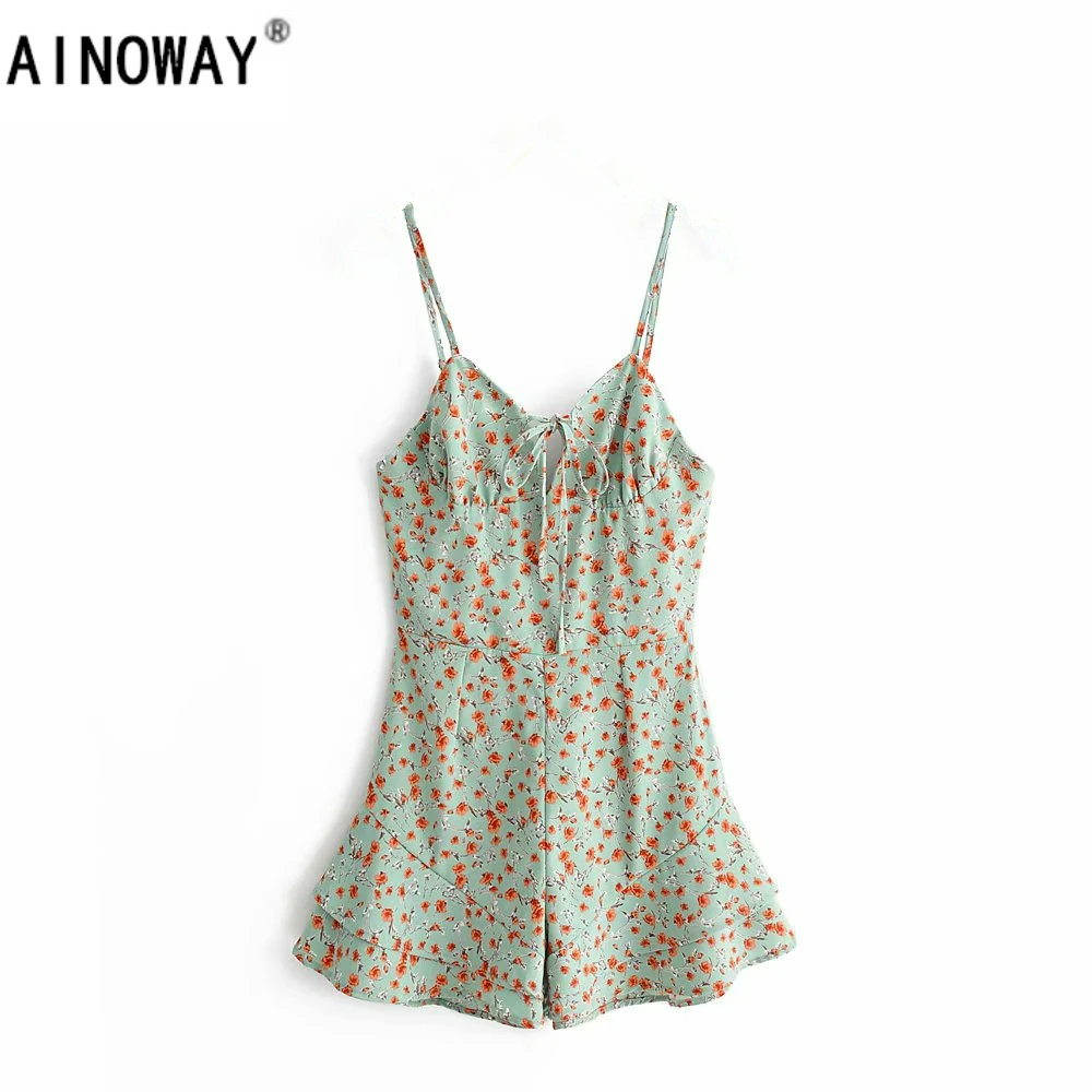 

Vintage chic Women floral print Bohemian Beach playsuit Ladies v-neck sleeveless cross lace up playsuit Boho Overall streetwear