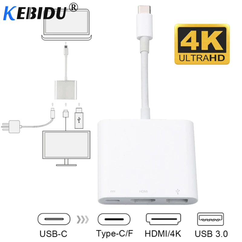 

Kebidu Type-C USB C to HDMI Adapter USB Hub 3-in-1 USB3.0 with Charging Converter 4K for Huawei Mate10 For Macbook Pro Sumsung
