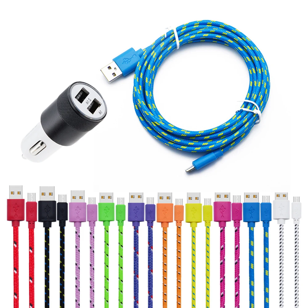 

Car Charger with Nylon Braided Micro USB Cable 1m/2m/3m Data Sync Charging wire For Samsung huawei xiaomi Android Phone Cables