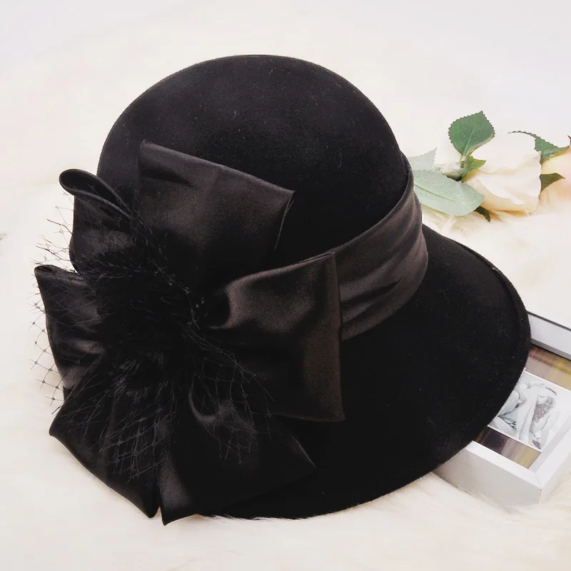 Подарок для мамы, женский осенний и зимний головной убор, женские банкетные вечерние шерстяные фетровые шляпы с большим цветком, Женская фетровая шляпа из чистой шерсти - Цвет: black