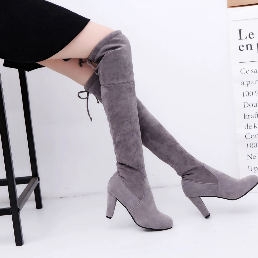 

2019 New Flock Leather Women Over The Knee Boots Lace Up Sexy High Heels Autumn Woman Shoes Winter Women Boots Size 37-43