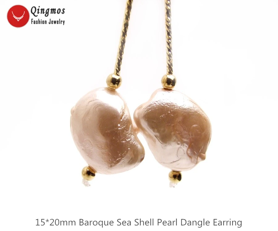 

Qingmos Fashion Sea Shell Pearl Earring for Women with 15*20mm Baroque Pink Sea Shell Pearl Hook Dangle Earring Fine Jewelry 741