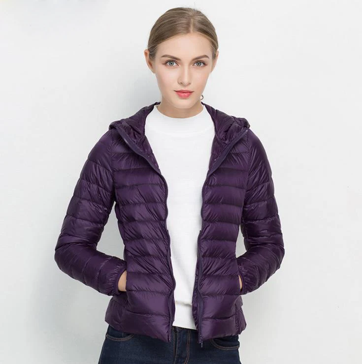 Зимняя лёгкая женская пуховка модная куртка белая утиная куртка с капюшоном пальто с длинными рукавами теплое одноцветное портативное пальто для женщин Легкое пальто - Цвет: Purple