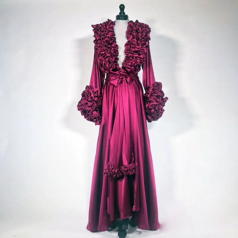 Gorgeous Burgundy Night Robes Silk Long Sleeve Celebrity Dress Tiered Ruffles Party Sleepwear Sexy Nightgowns Robes womens dress