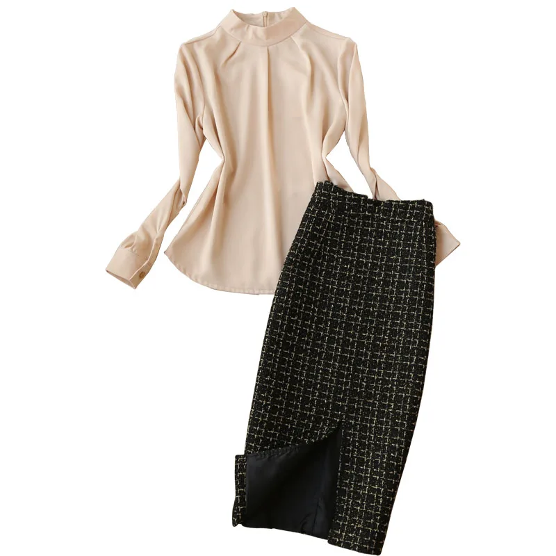 

Fashion suit early spring Korean version OL temperament long-sleeved collar shirt + plaid thick skirt two-piece suit