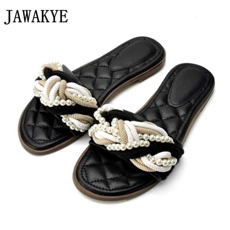 

JAWAKYE New Pearl flat beach female slippers open toe string bead woman shoes summer fashion beach shoes Casual slippers women